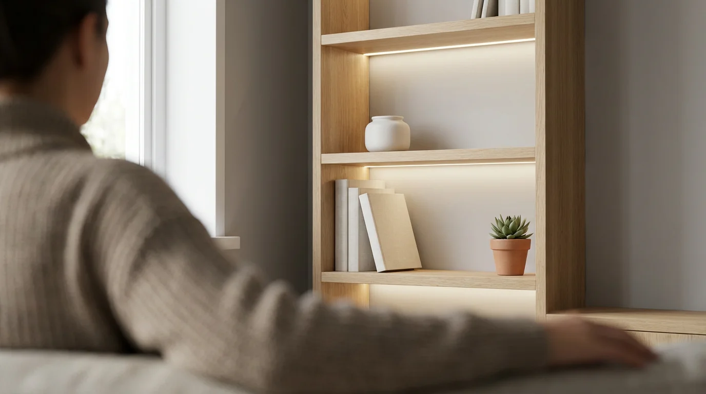 Over-the-shoulder view of a person looking at a bookshelf with creative LED backlighting.