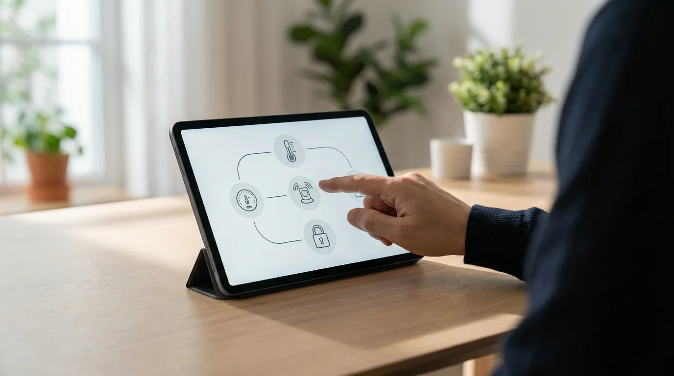 Over-the-shoulder view of a person programming a smart home automation scene on a tablet.