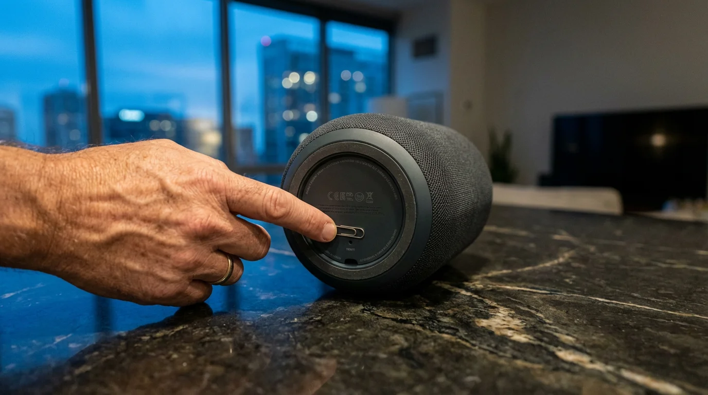 Over-the-shoulder view of a person resetting a smart speaker on a kitchen counter at dusk.