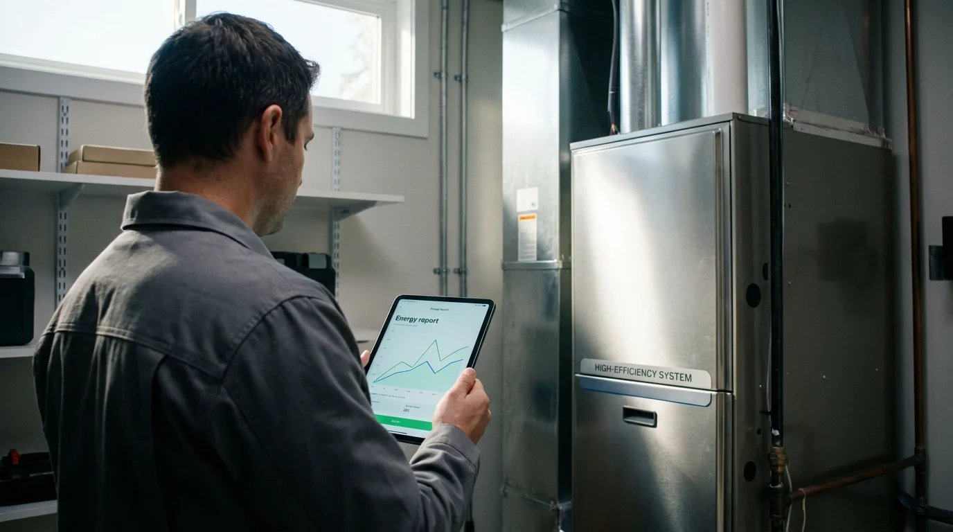 Over-the-shoulder view of a person reviewing an HVAC unit with an energy report tablet.