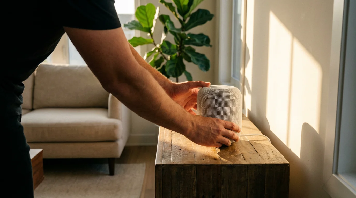 Over-the-shoulder view of a person setting up a smart home mesh Wi-Fi hub.