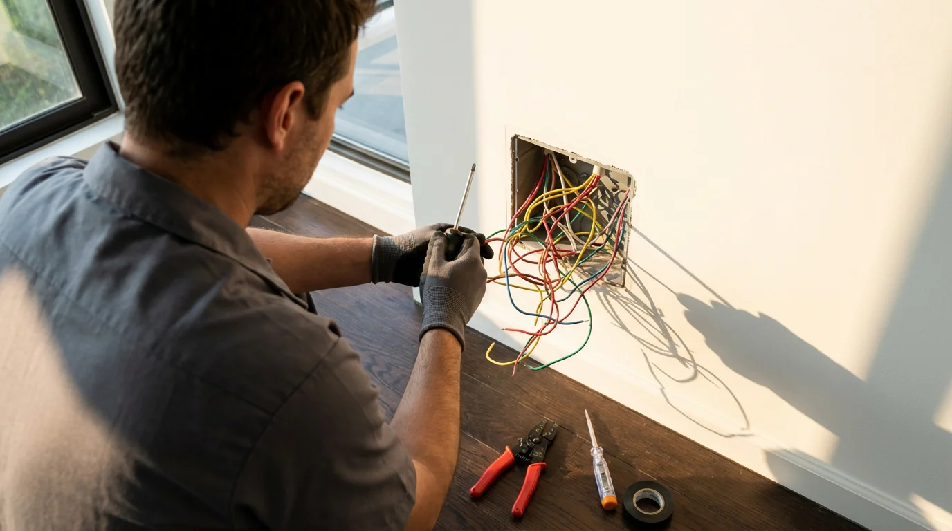 Over-the-shoulder view of a person struggling with complicated smart thermostat wiring in a wall.