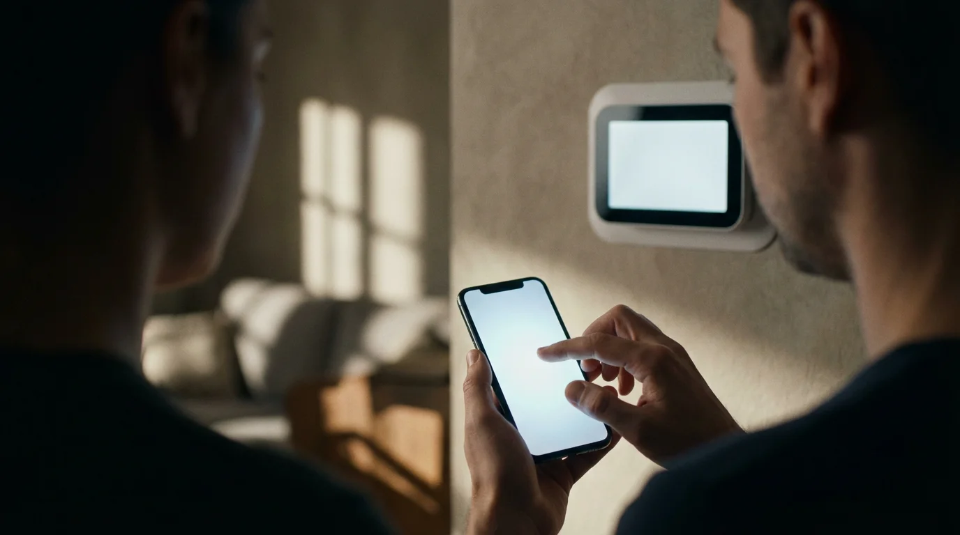 Over-the-shoulder view of a person troubleshooting a smart thermostat with their smartphone.