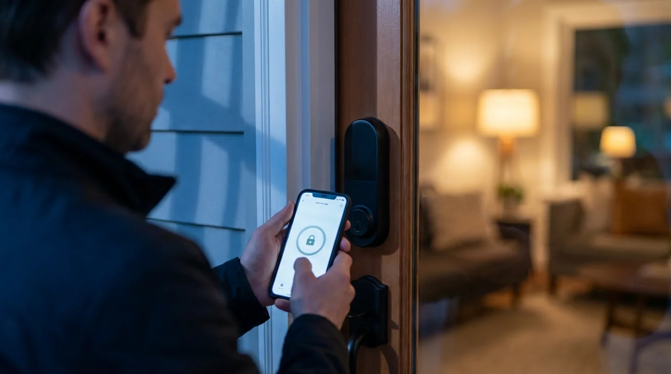 Over-the-shoulder view of a person using a smartphone to control a smart door lock.