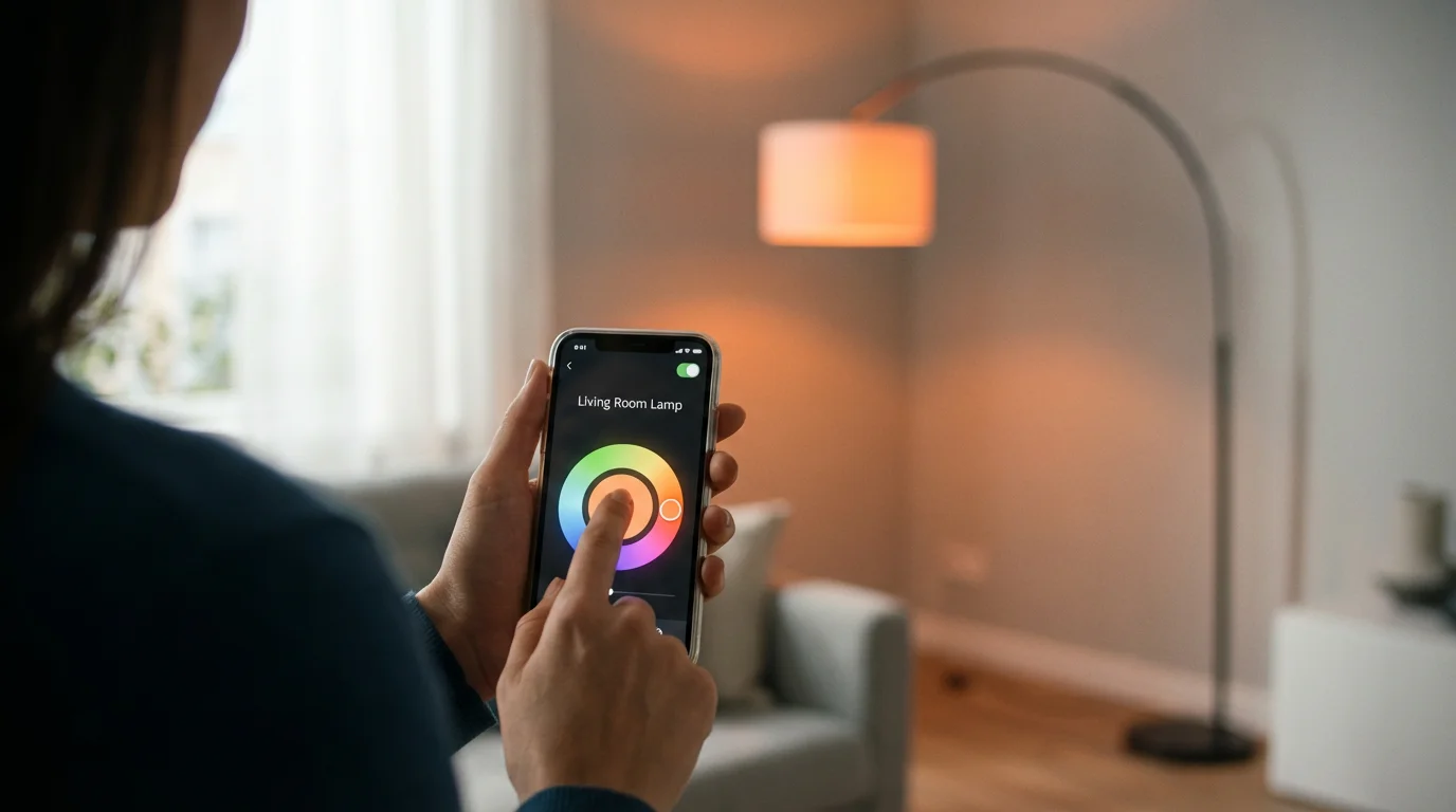 Over-the-shoulder view of a person using a phone app to change a smart bulb's color.