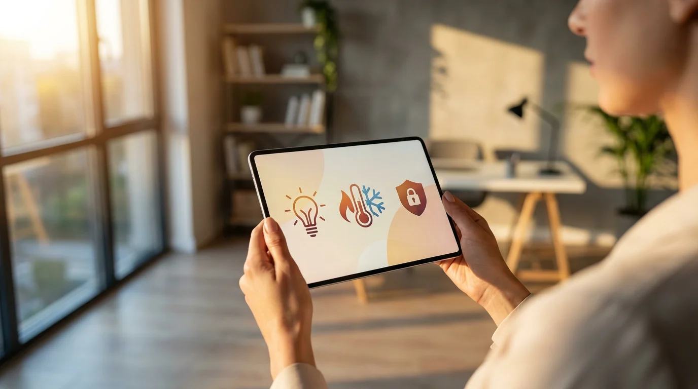 Over-the-shoulder view of a person using a smart home control panel on a tablet.