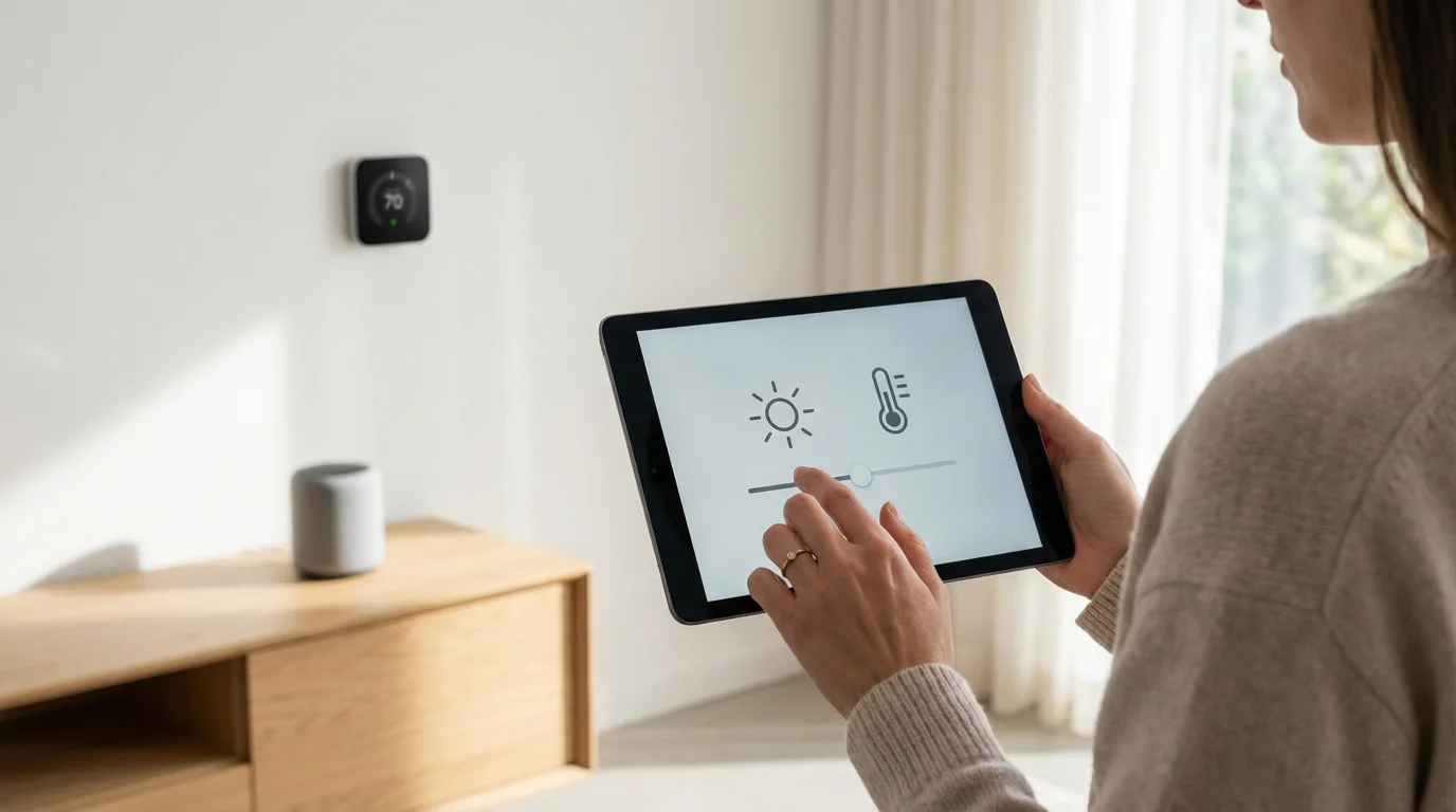 Over-the-shoulder view of a person using a tablet to manage their smart home ecosystem.