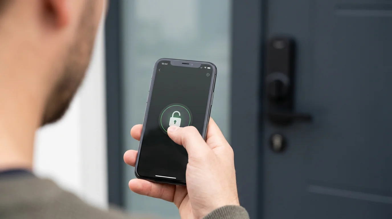 Over-the-shoulder view of a person using a smartphone app to unlock a smart lock.