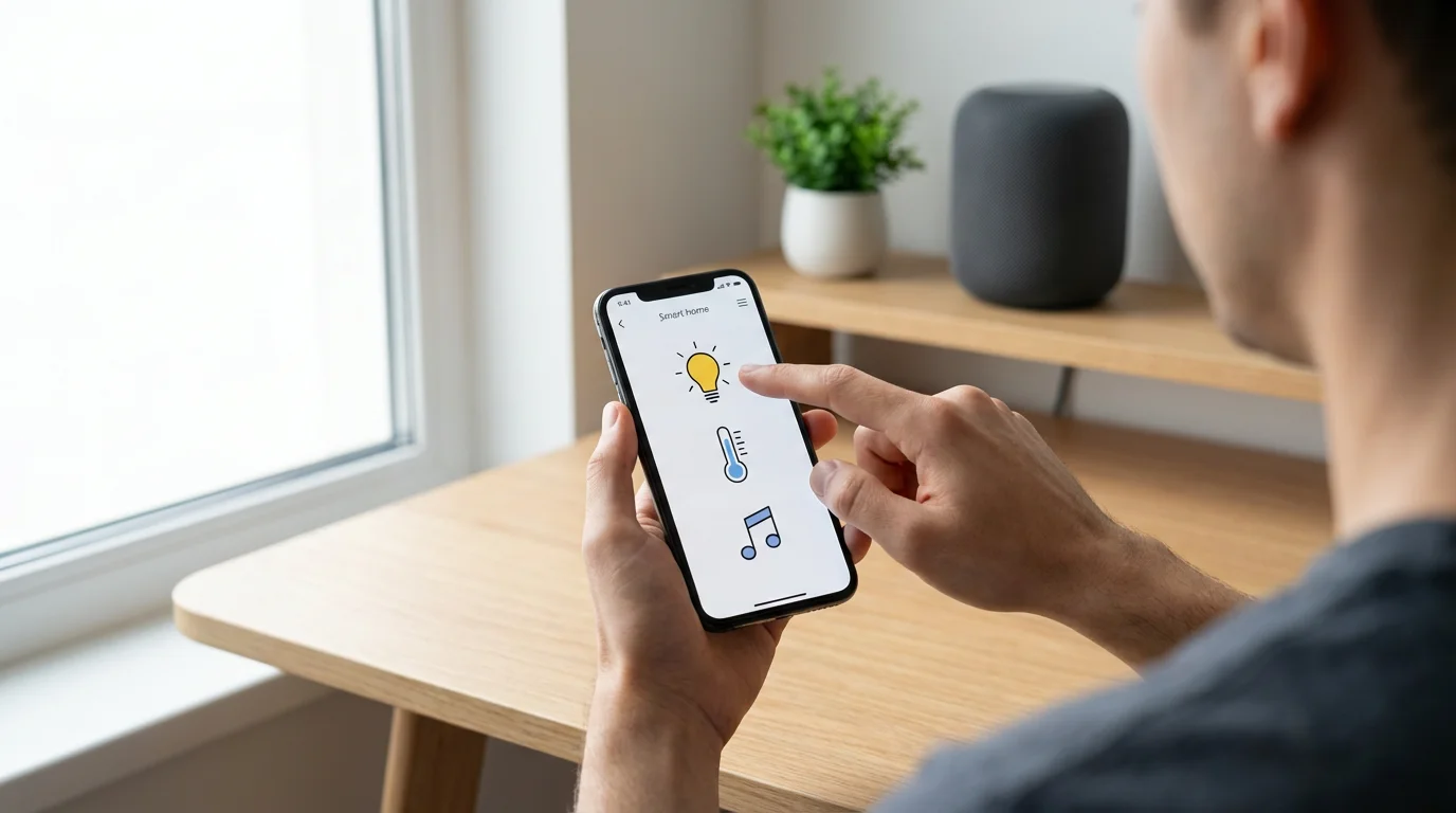 Over-the-shoulder view of a person using a smart home control app on their phone.