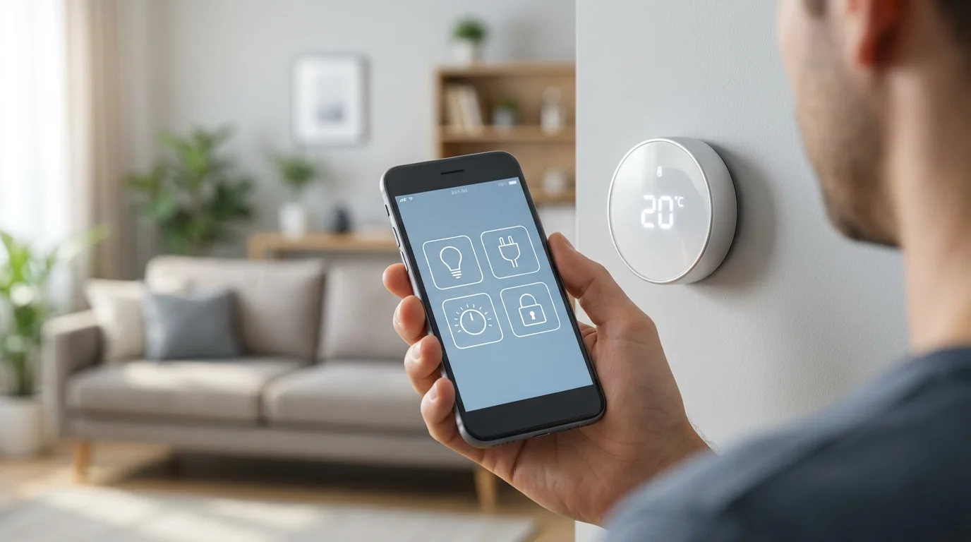 Over-the-shoulder view of a person using a smartphone to adjust a smart thermostat.