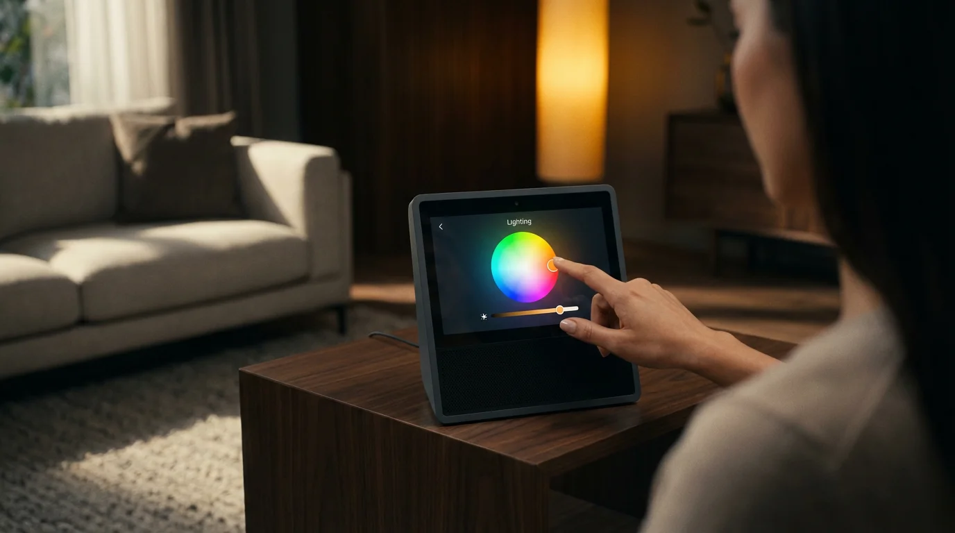 Over-the-shoulder view of a person using a smart display to control home lighting.