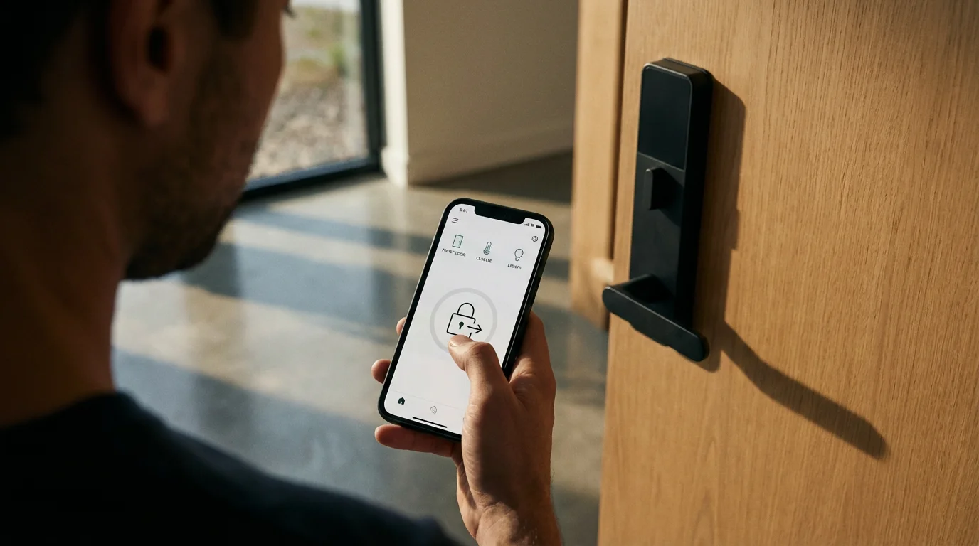 Over-the-shoulder view of a person using a smartphone app to unlock a front door smart lock.