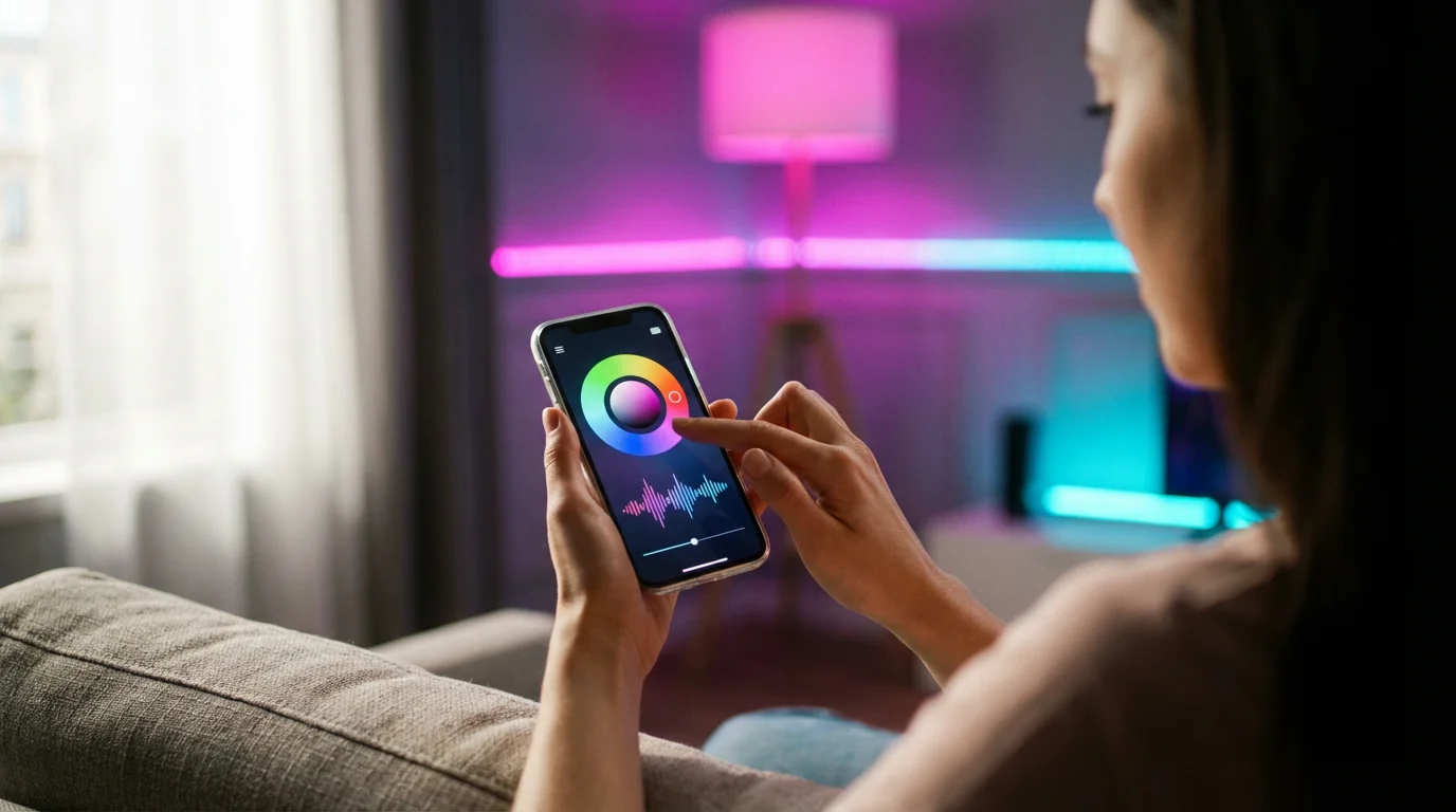 Over-the-shoulder view of a person using a smartphone app to control colorful smart lights.