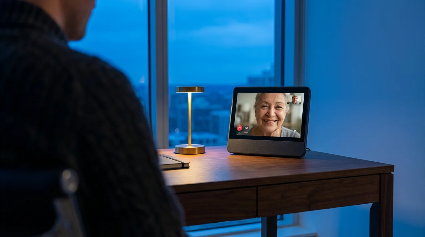Over-the-shoulder view of a person using a smart display for a family video call.