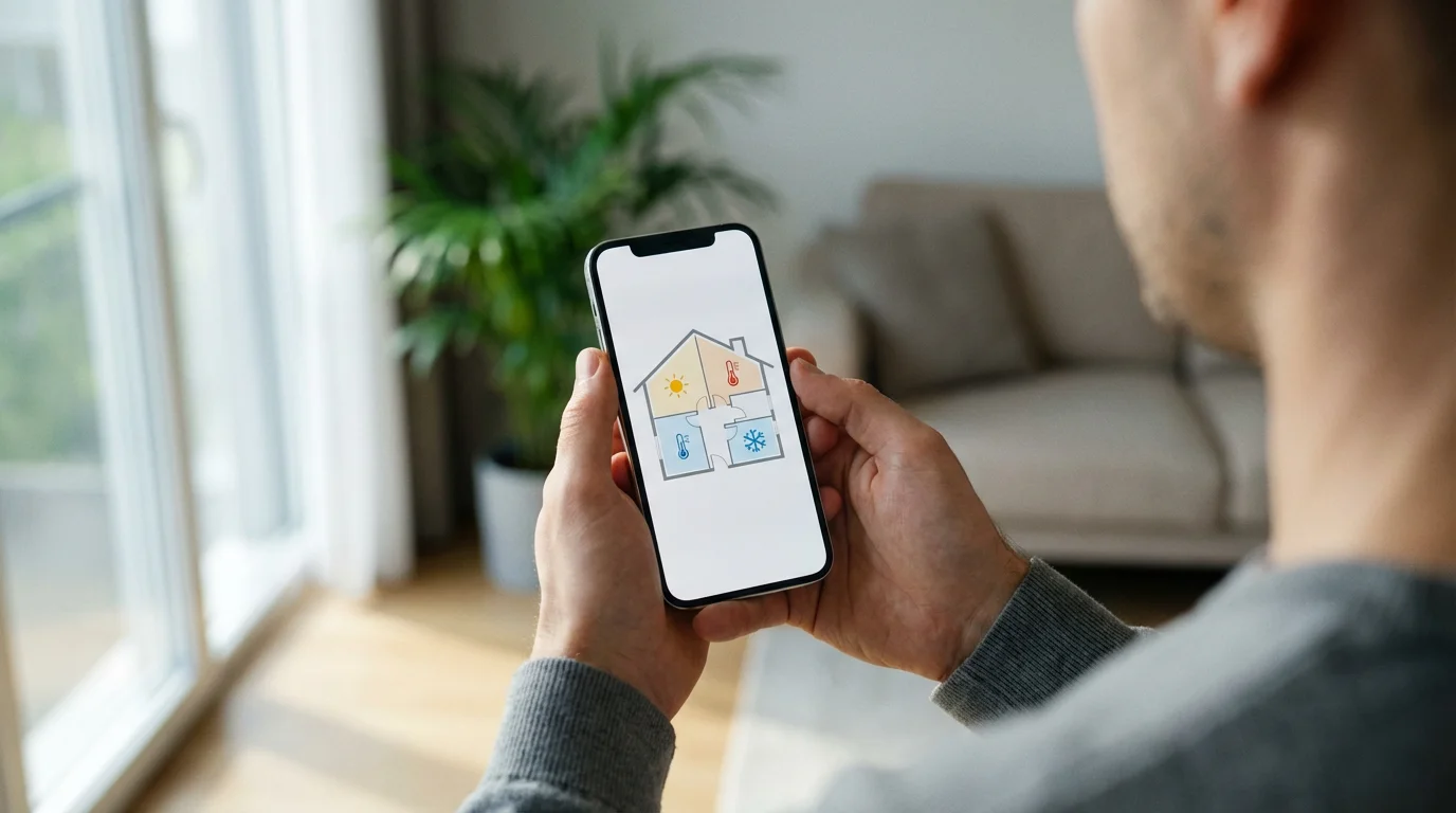 Over-the-shoulder view of a person using a smartphone app to manage smart room sensors.