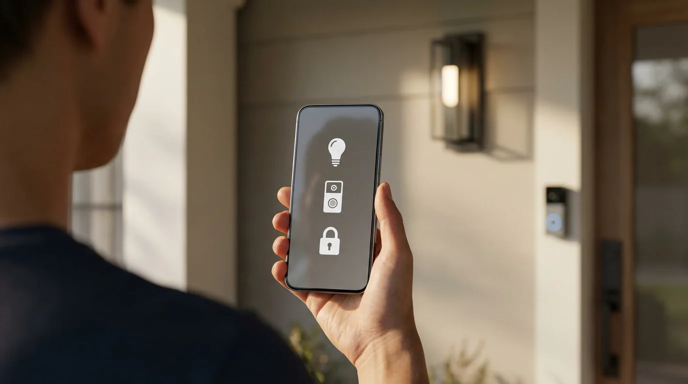 Over-the-shoulder view of a person using a smart home app on a modern porch.