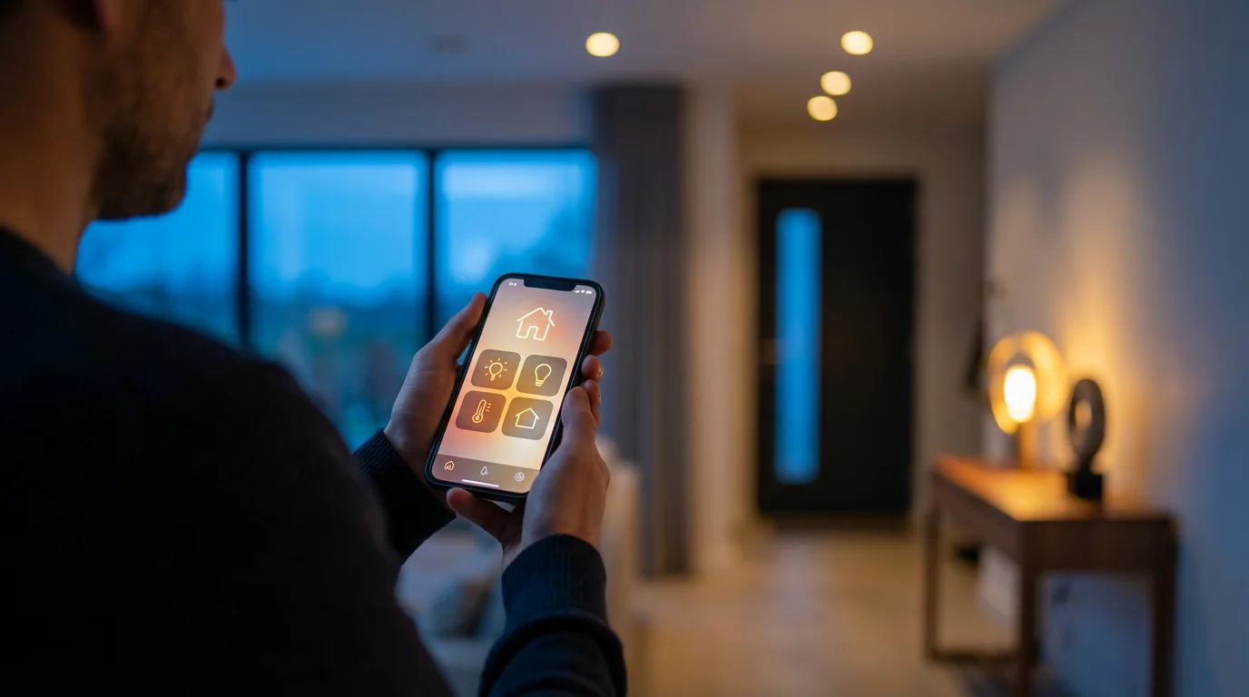 Over-the-shoulder view of a person using a smart home app to control multiple lights.