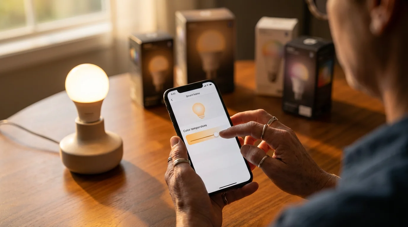 Over-the-shoulder view of a person using a phone to control a smart bulb's warmth.