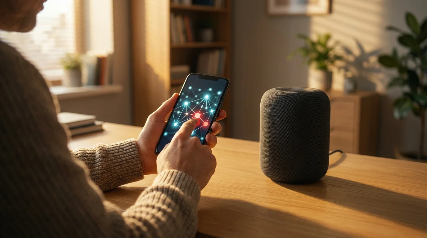 Over-the-shoulder view of a person using a smartphone to fix a smart home speaker.