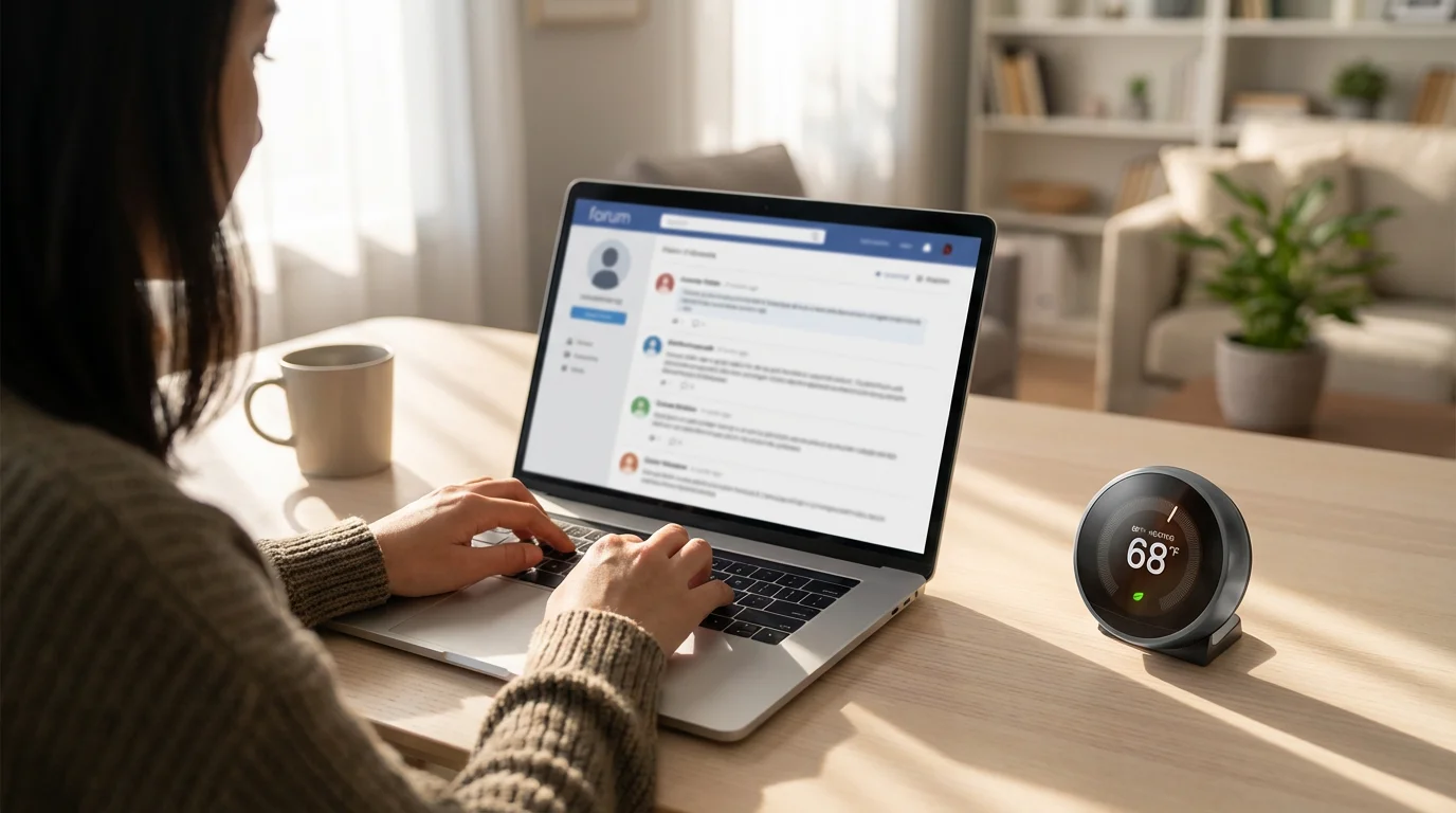 Over-the-shoulder view of a person using a laptop to find smart home support online.