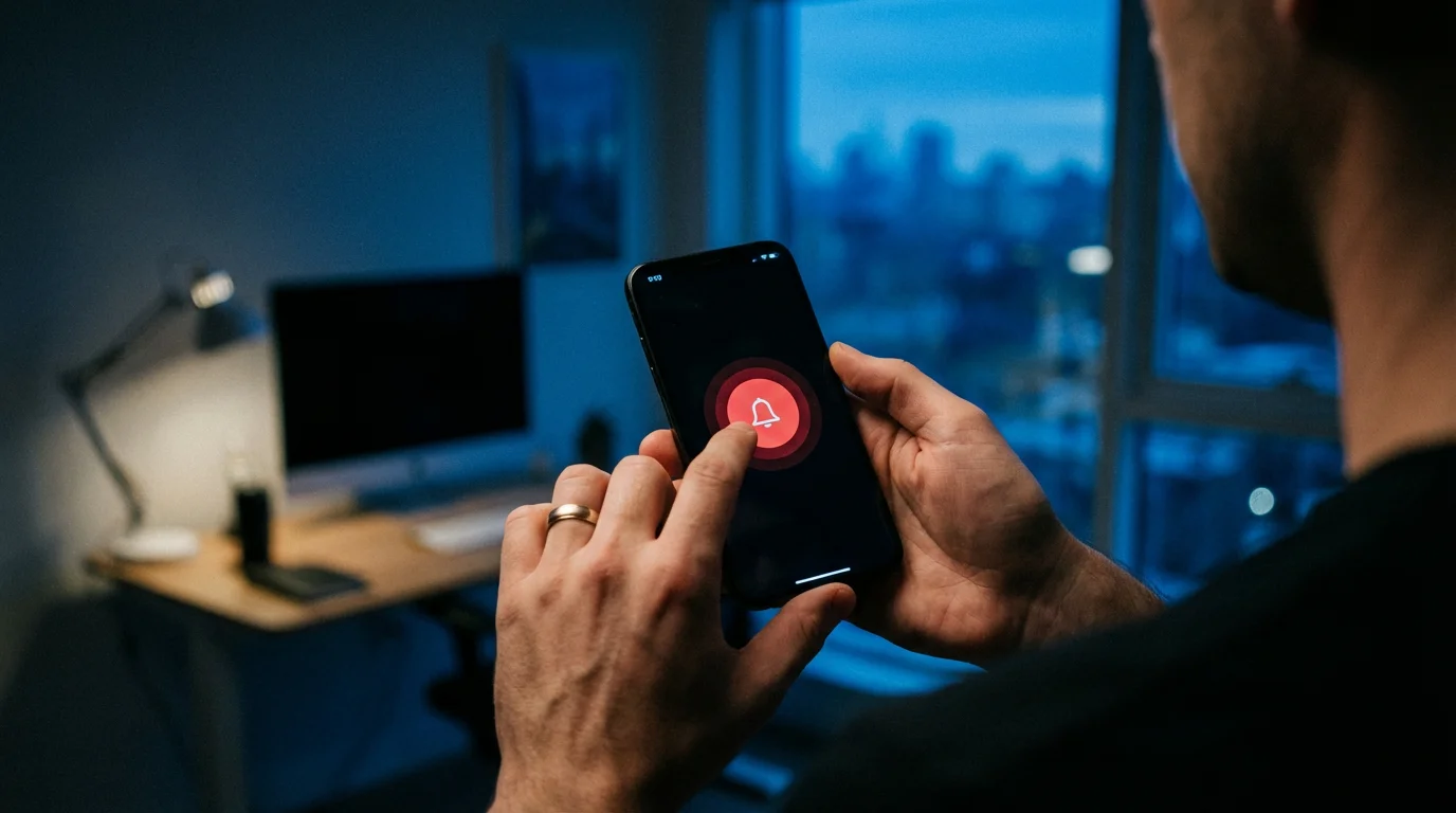 Over-the-shoulder view of a person's thumb activating a red digital panic button icon on a smartphone screen.