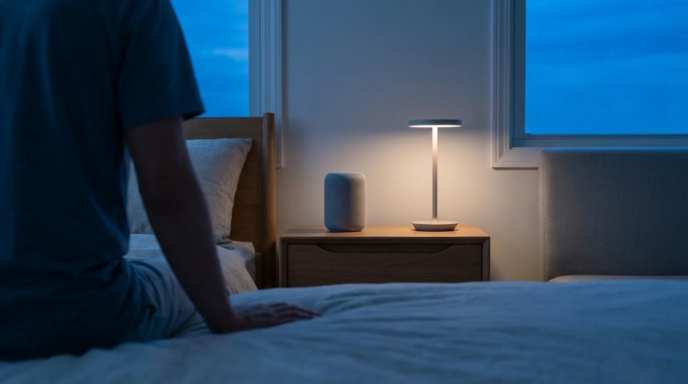 Over-the-shoulder view of a smart speaker and lamp on a modern bedroom nightstand.