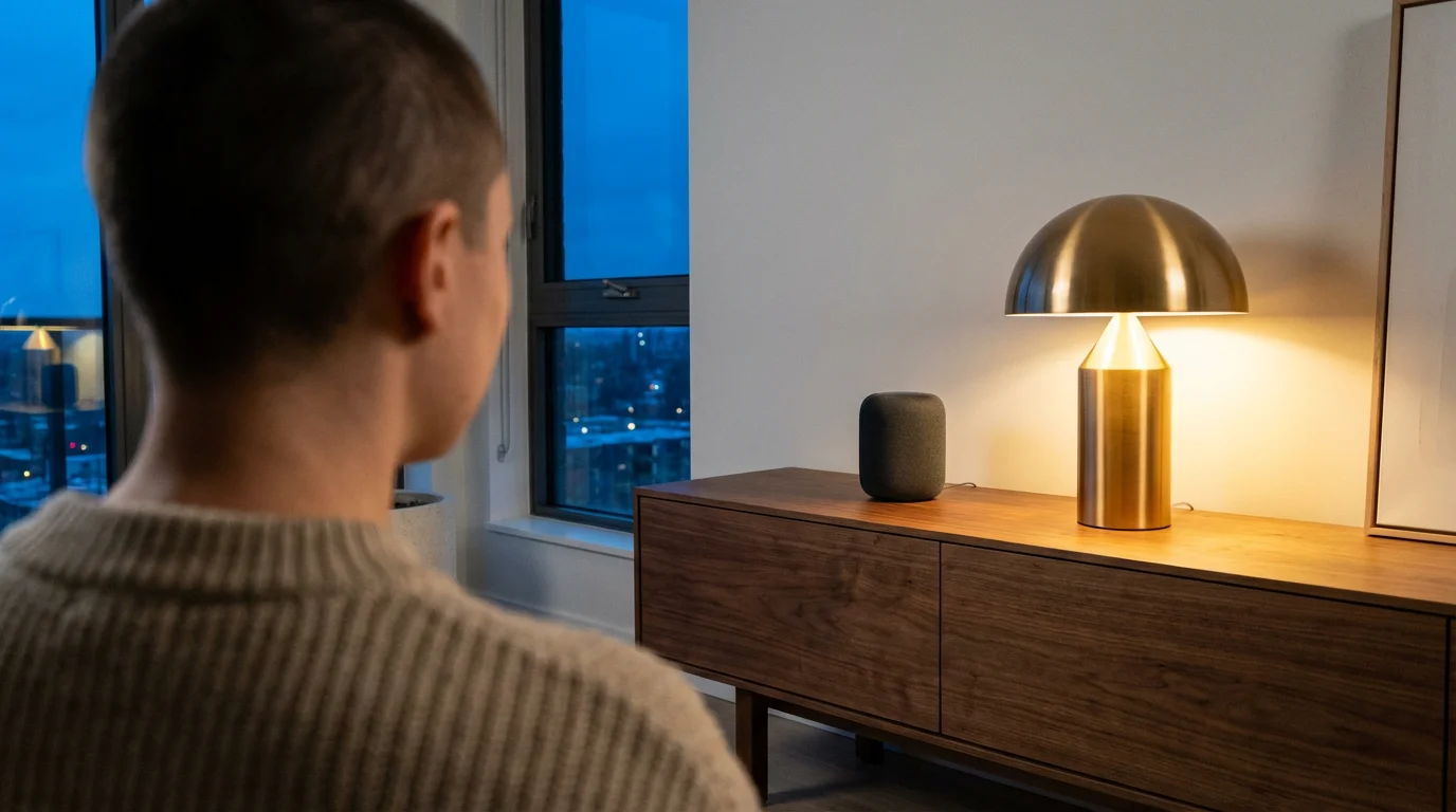 Over-the-shoulder view of a smart speaker and glowing lamp in a living room at dusk.