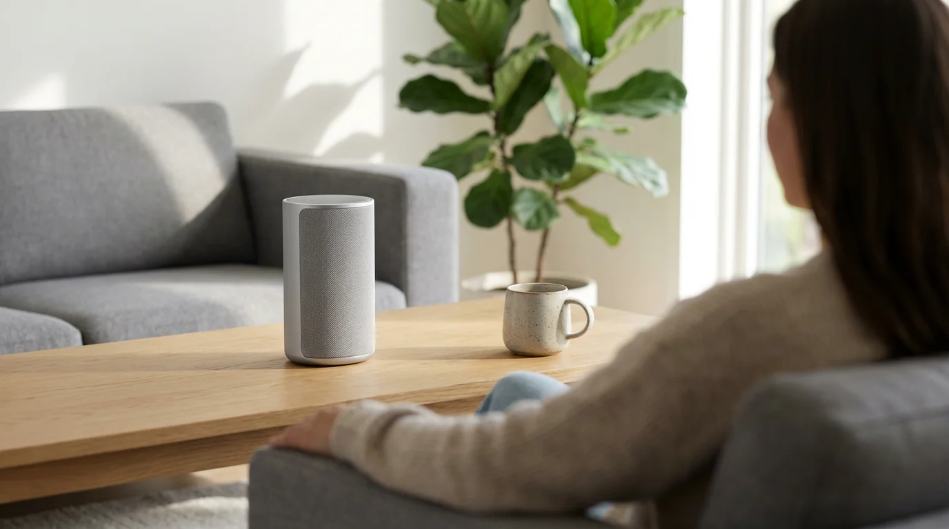 Over-the-shoulder view of a smart speaker on a coffee table in a modern living room.