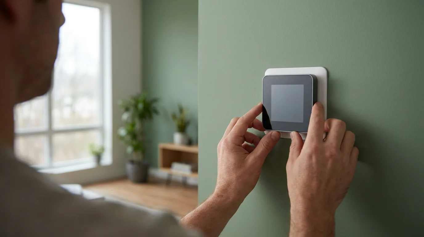 Over-the-shoulder view of hands attaching a square smart thermostat to a wall bracket.
