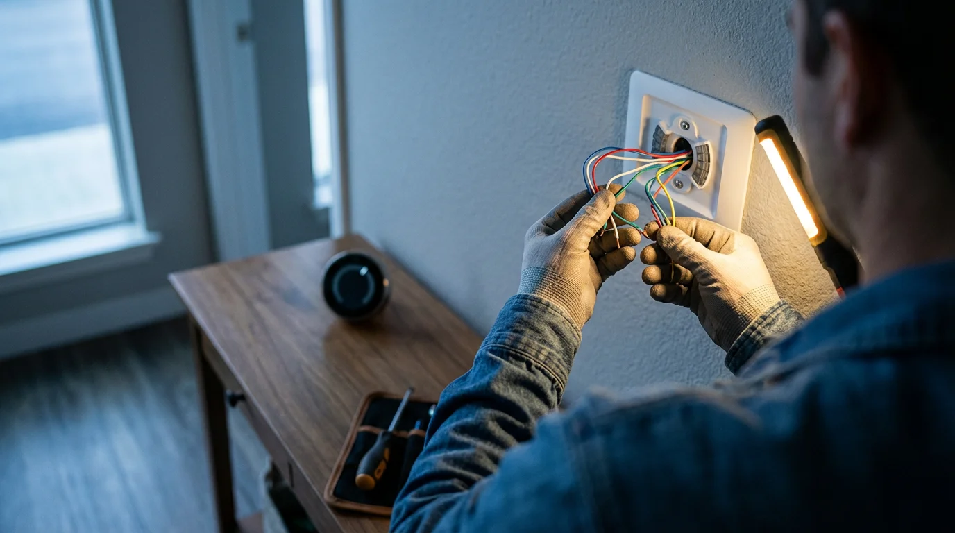 Over-the-shoulder view of hands examining thermostat wiring on a wall during evening blue hour.