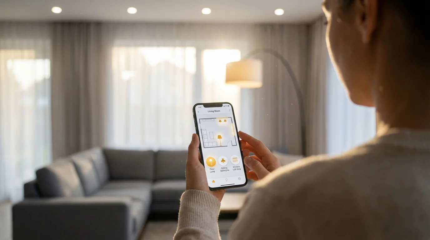 Over-the-shoulder view of hands holding a smartphone using an app to control smart lights.