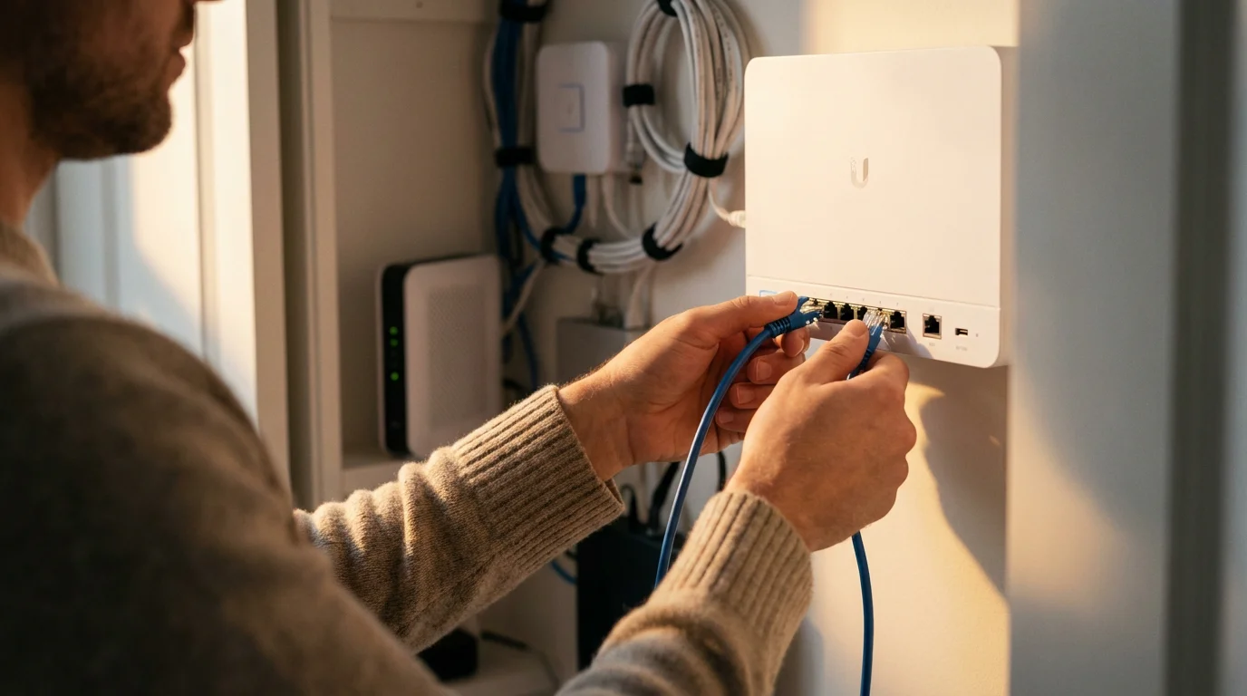 Over-the-shoulder view of hands plugging an ethernet cable into a home network switch.