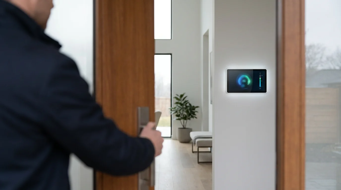 Over-the-shoulder view of person entering home, with an illuminated smart thermostat on the wall.