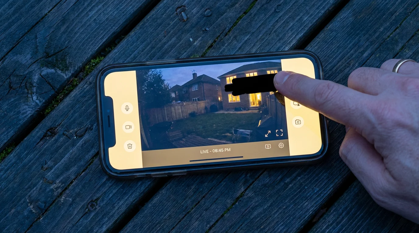 Overhead view of a smartphone on a deck showing a security camera app's privacy mask feature.