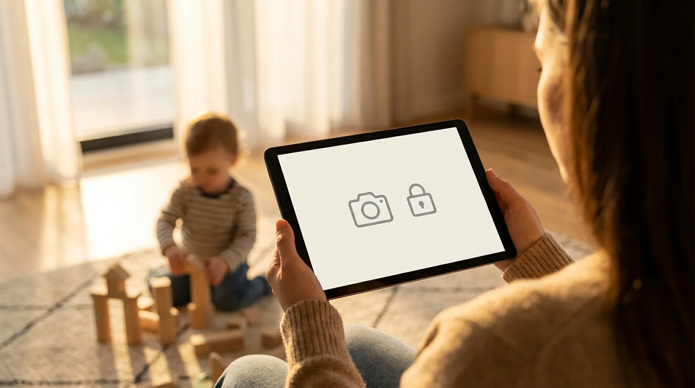 Parent checking smart home security on a tablet while their child plays safely nearby.