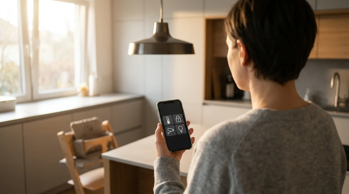 Parent seen from over the shoulder troubleshooting an unlit smart light using a smartphone.