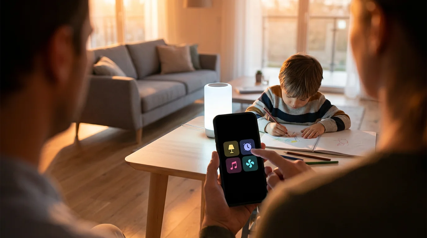 Parent uses a smartphone to control smart lighting for a child drawing at a desk.