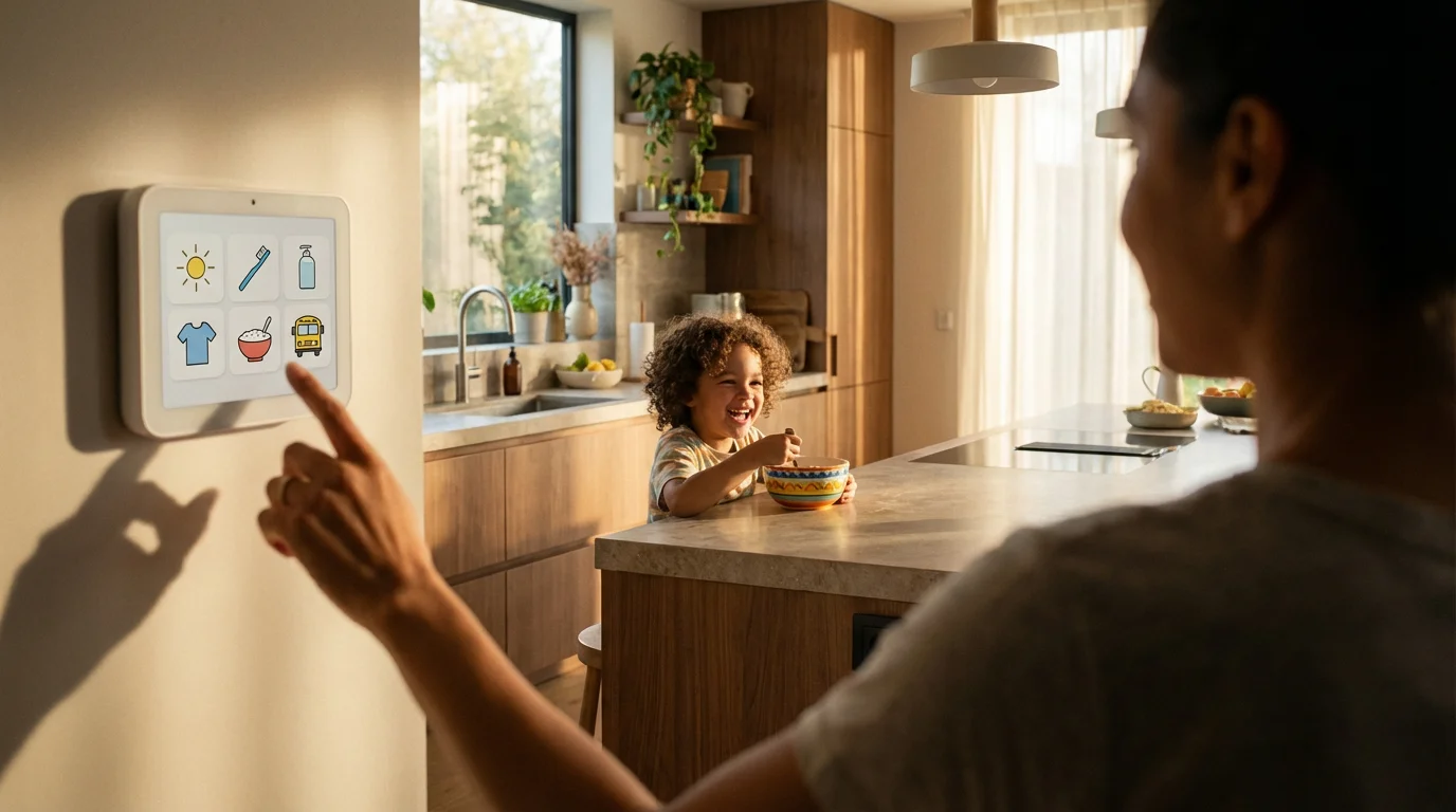 Parent using a smart home hub in a kitchen as their child eats breakfast.