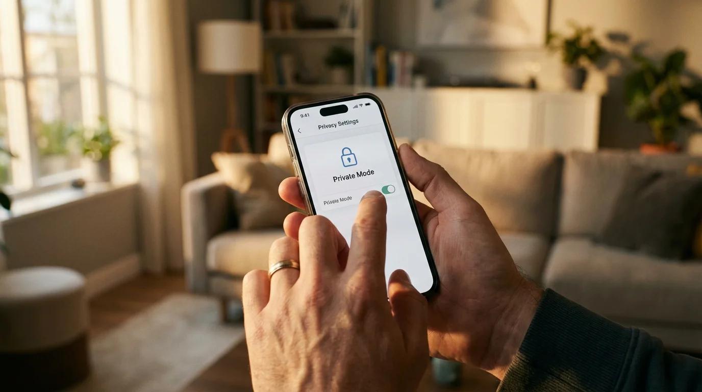 Person adjusting smart home security privacy settings on a smartphone in a modern home.