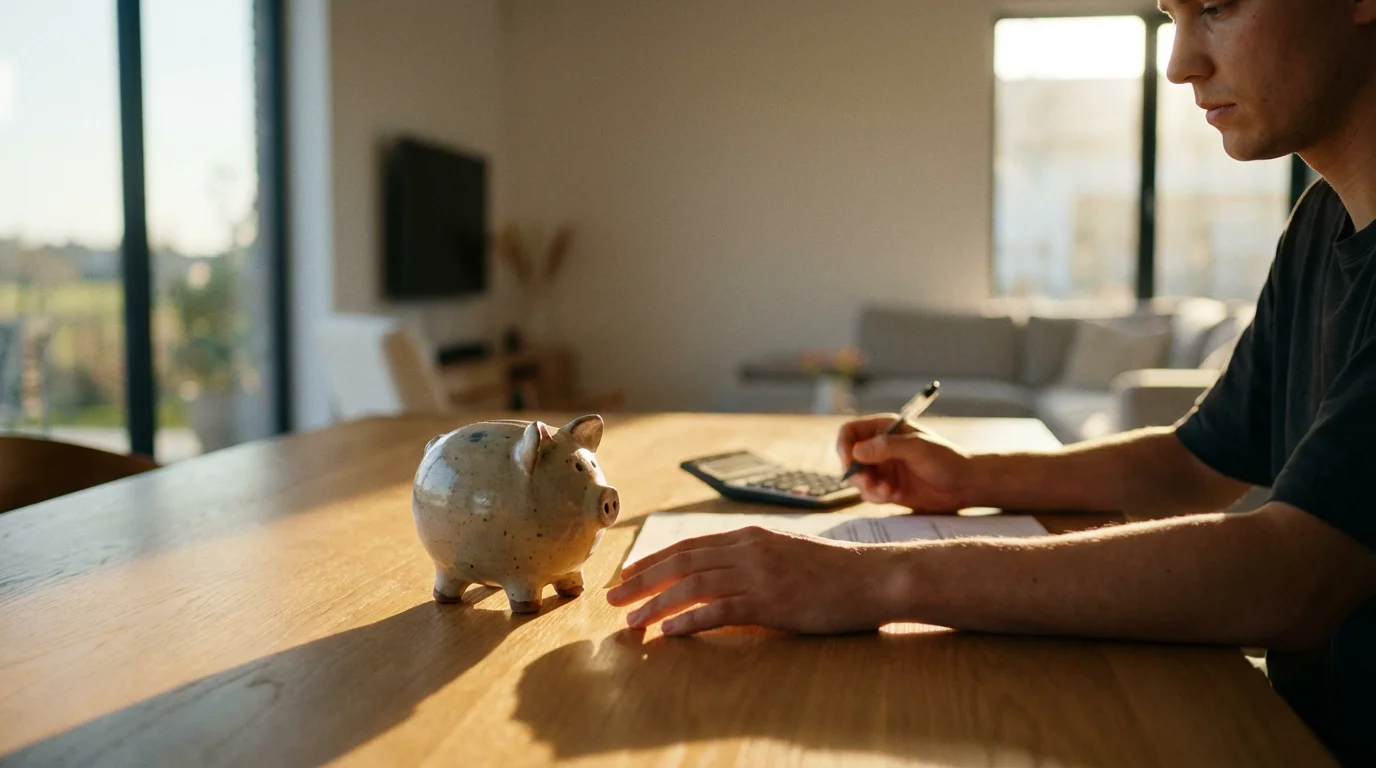 Person at a table with a piggy bank and document, considering home security costs.