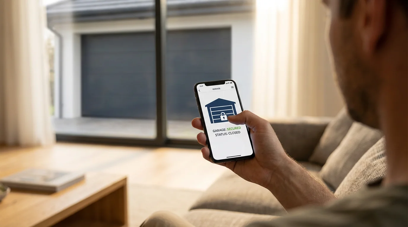 Person checking smart garage door security on a smartphone app from inside their home.