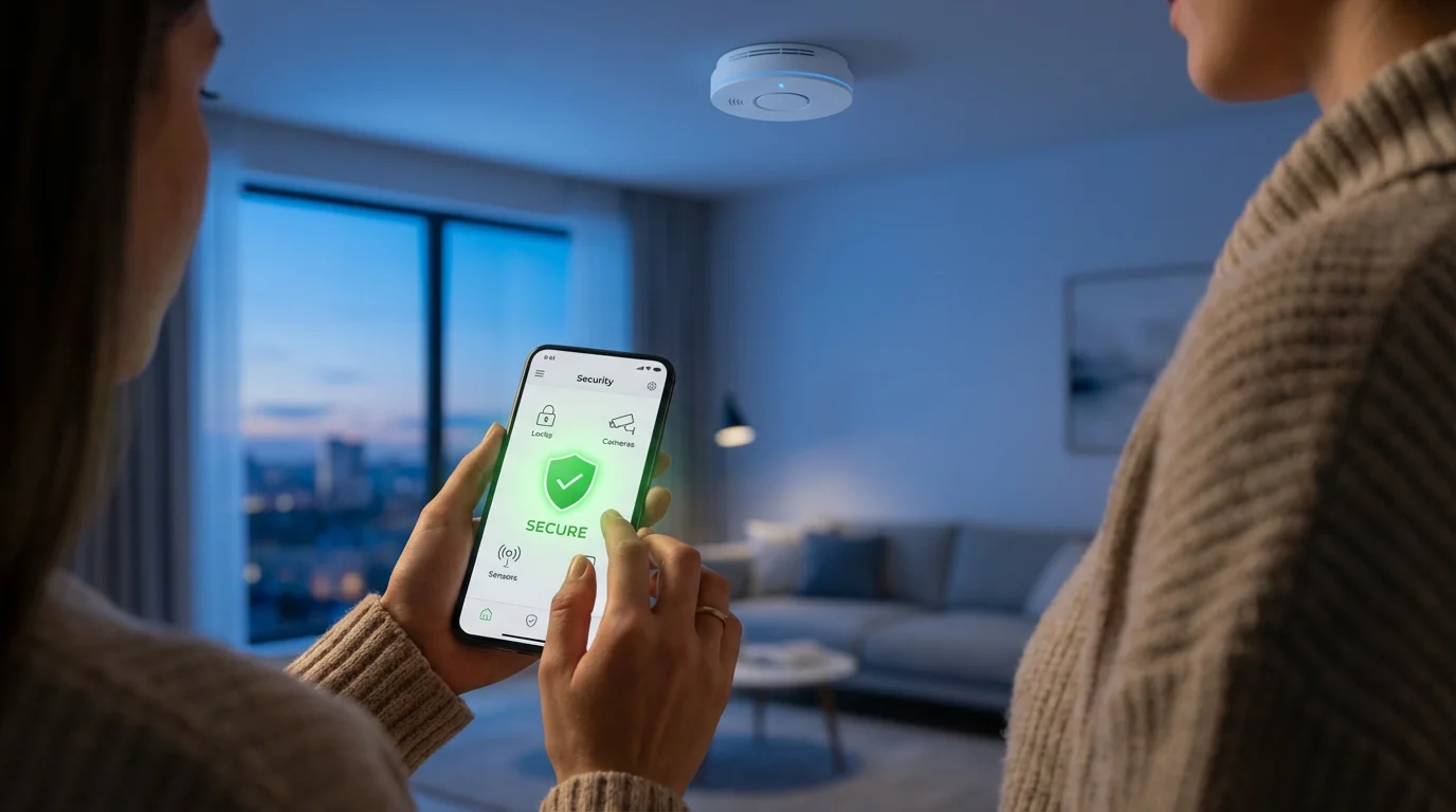 Person checks home safety app on phone, with a smart smoke detector visible behind.