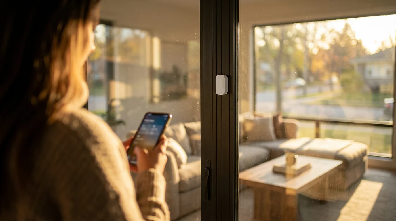 Person checks security app with a smart window sensor visible during golden hour.