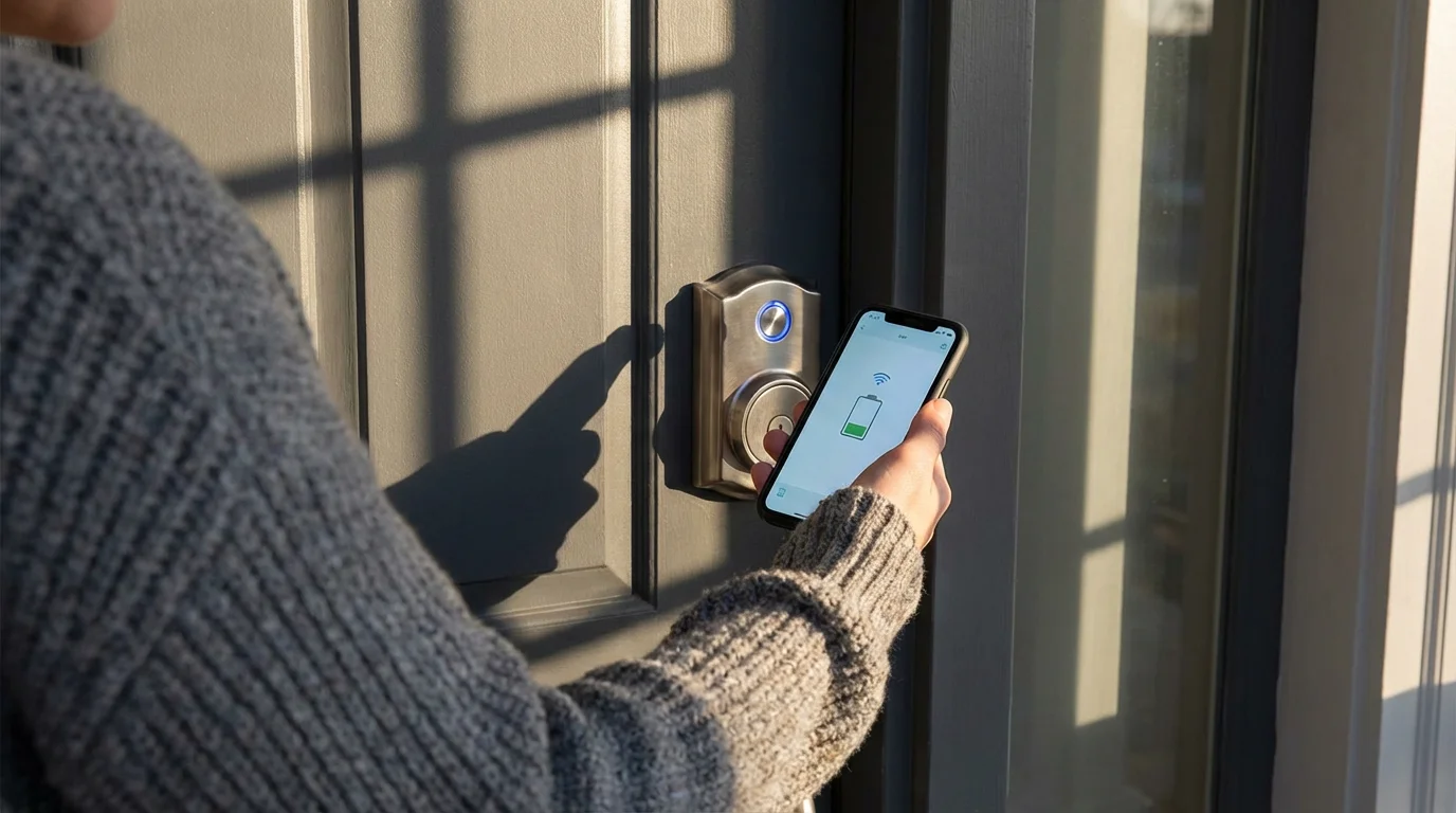 Person checks smart lock status on a smartphone in a sunlit entryway.