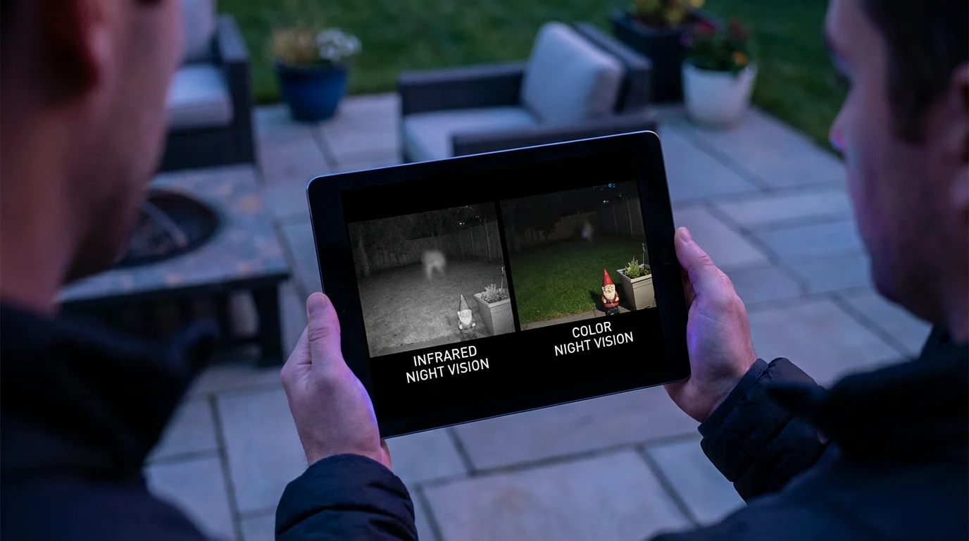 Person comparing monochrome and color night vision security camera feeds on a tablet.