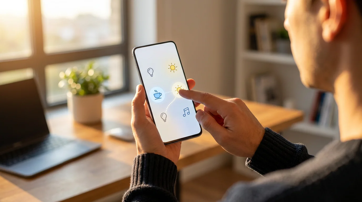 Person connecting smart home service icons on a smartphone during a warm golden hour.