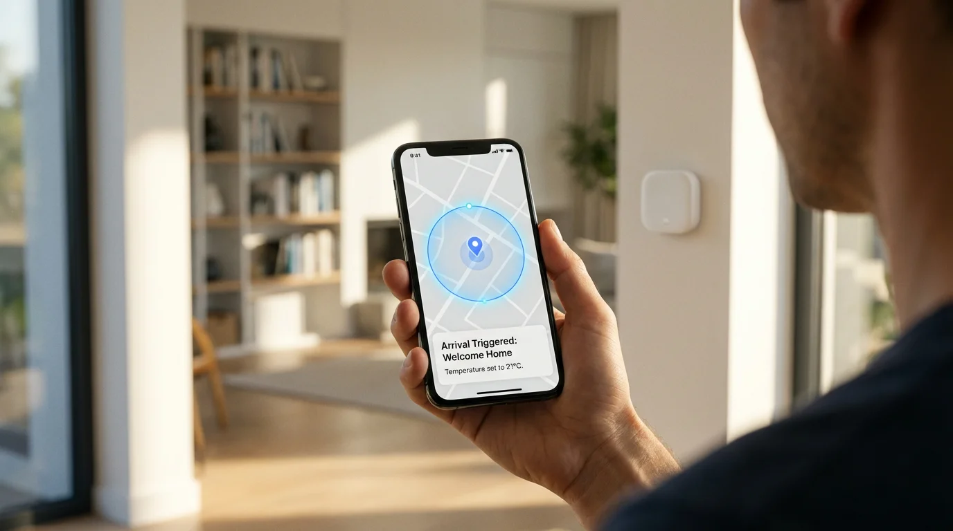 Person holding a smartphone with a geofencing map, automating their home's smart thermostat.