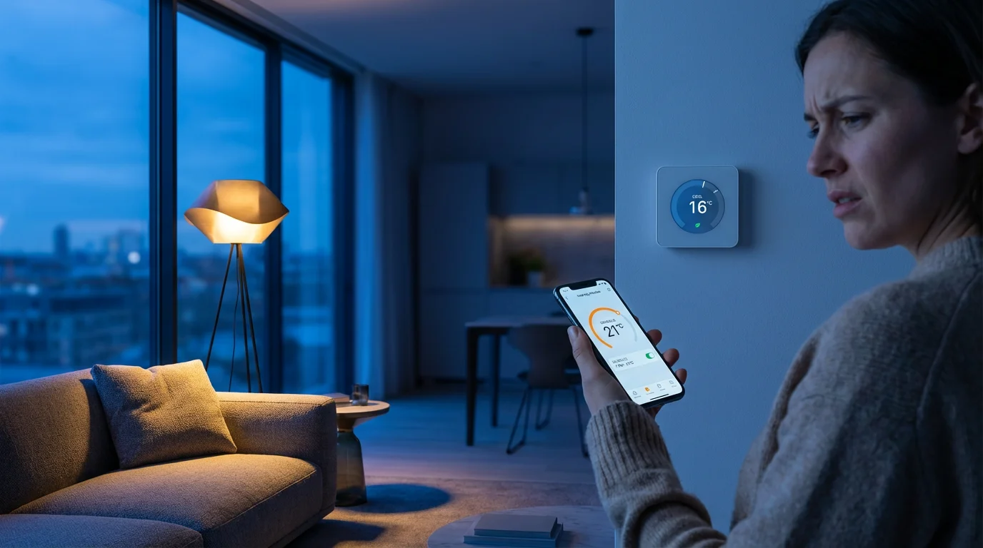 Person in a living room troubleshooting a smart thermostat's incorrect temperature with a smartphone.