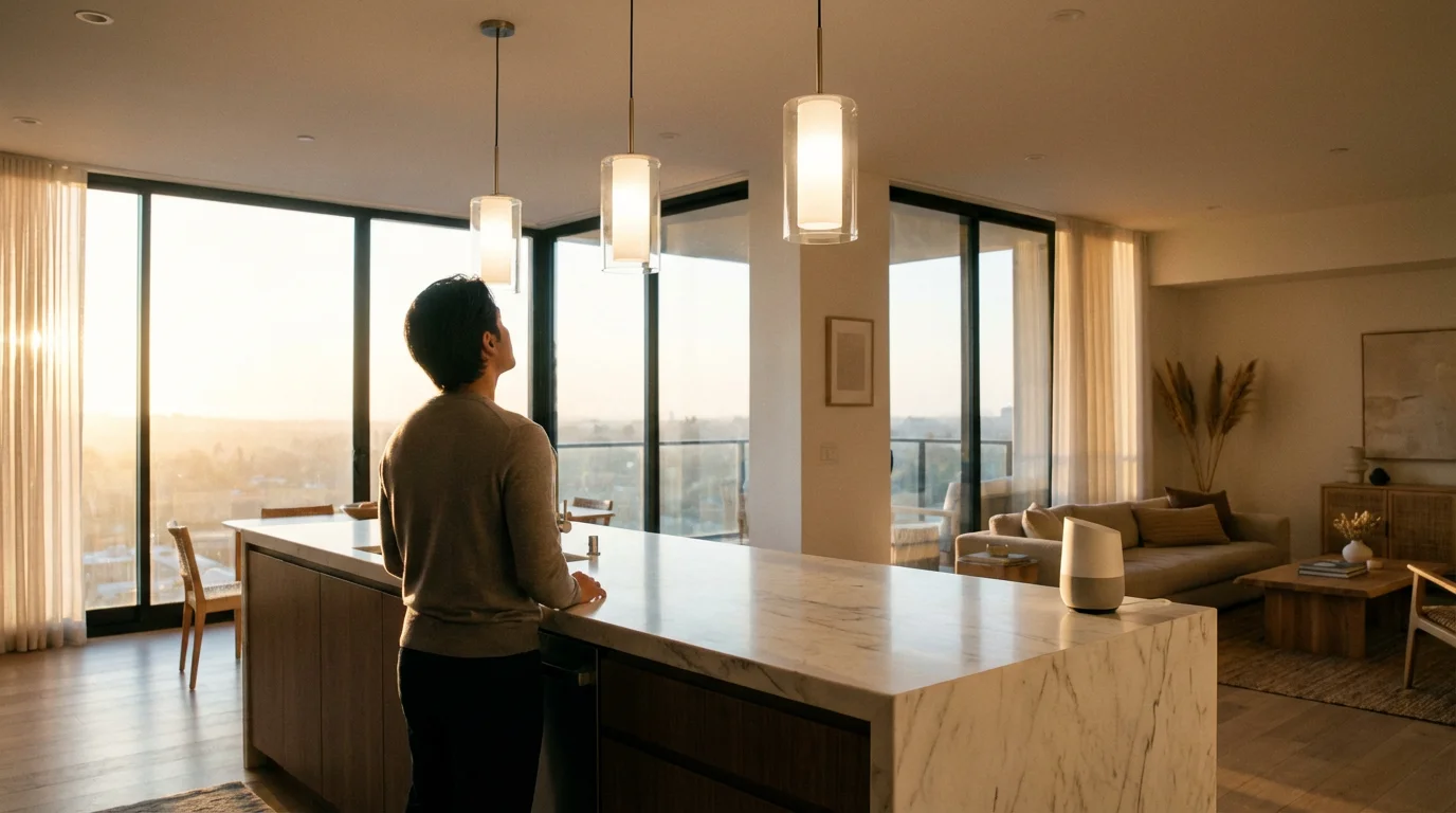 Person in a modern sunlit kitchen with voice-controlled smart pendant lights on.
