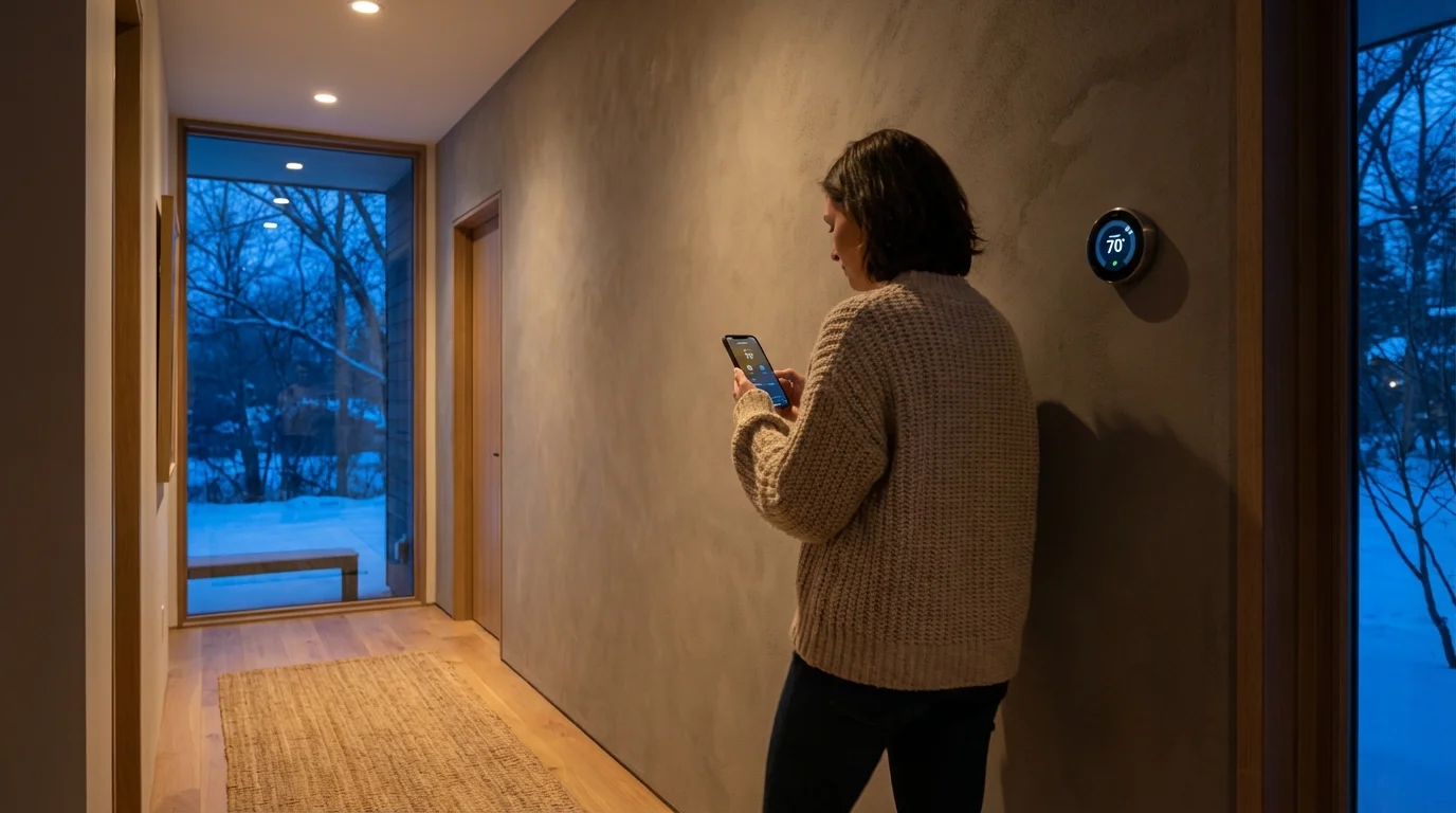 Person in a warm hallway with a smart thermostat as winter twilight shows outside.